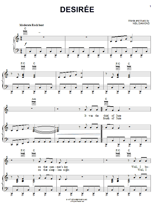 Neil Diamond Desiree sheet music preview music notes and score for Piano, Vocal & Guitar (Right-Hand Melody) including 5 page(s)
