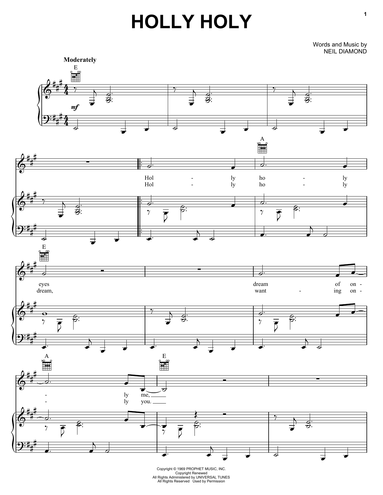 Learn to play Neil Diamond Holly Holy sheet music for Piano, Vocal & Guitar (Right-Hand Melody) in minutes. Neil Diamond Holly Holy sheet music preview music notes and score for Piano, Vocal & Guitar (Right-Hand Melody) including 7 page(s)