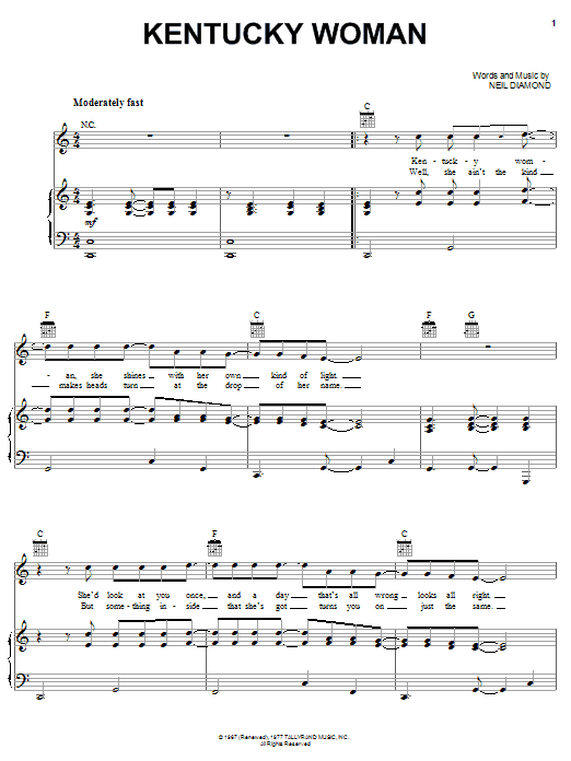 Learn to play Neil Diamond Kentucky Woman sheet music for Piano, Vocal & Guitar (Right-Hand Melody) in minutes. Neil Diamond Kentucky Woman sheet music preview music notes and score for Piano, Vocal & Guitar (Right-Hand Melody) including 4 page(s)