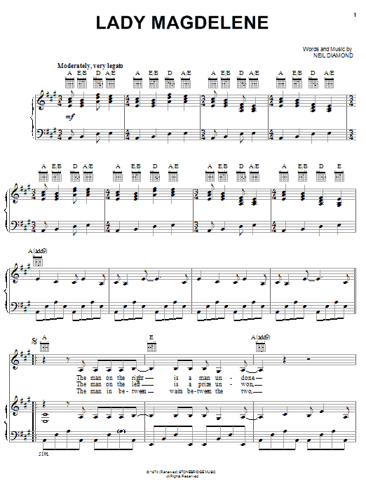 Neil Diamond Lady Magdelene sheet music preview music notes and score for Piano, Vocal & Guitar (Right-Hand Melody) including 8 page(s)