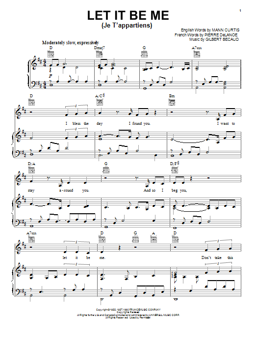 Neil Diamond Let It Be Me (Je T'appartiens) sheet music preview music notes and score for Piano, Vocal & Guitar (Right-Hand Melody) including 4 page(s)