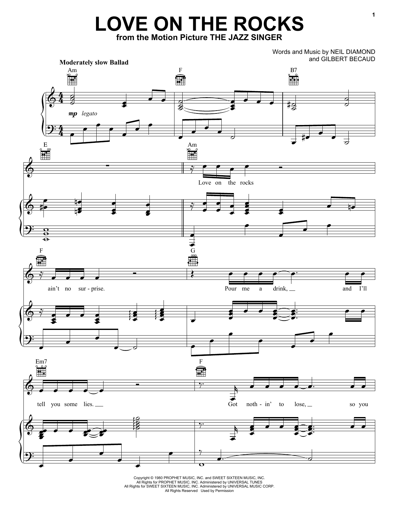Neil Diamond Love On The Rocks sheet music preview music notes and score for Piano, Vocal & Guitar (Right-Hand Melody) including 5 page(s)