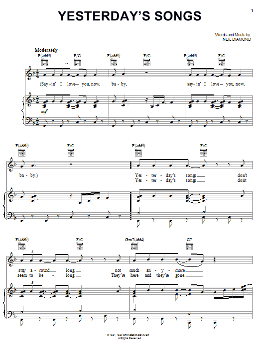 Learn to play Neil Diamond Yesterday's Songs sheet music for Piano, Vocal & Guitar (Right-Hand Melody) in minutes. Neil Diamond Yesterday's Songs sheet music preview music notes and score for Piano, Vocal & Guitar (Right-Hand Melody) including 3 page(s)