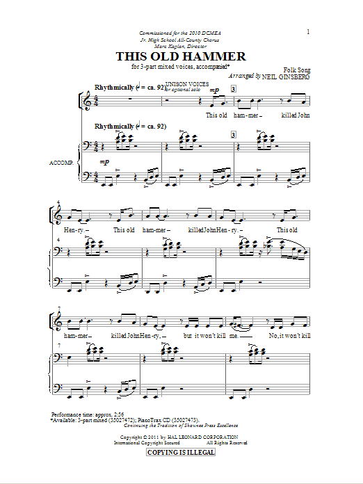 Learn to play Neil Ginsberg This Old Hammer sheet music for 3-Part Mixed in minutes. Neil Ginsberg This Old Hammer sheet music preview music notes and score for 3-Part Mixed including 14 page(s)