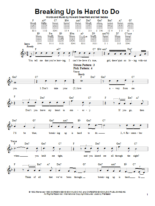 Learn to play Neil Sedaka Breaking Up Is Hard To Do sheet music for Easy Guitar in minutes. Neil Sedaka Breaking Up Is Hard To Do sheet music preview music notes and score for Easy Guitar including 2 page(s)