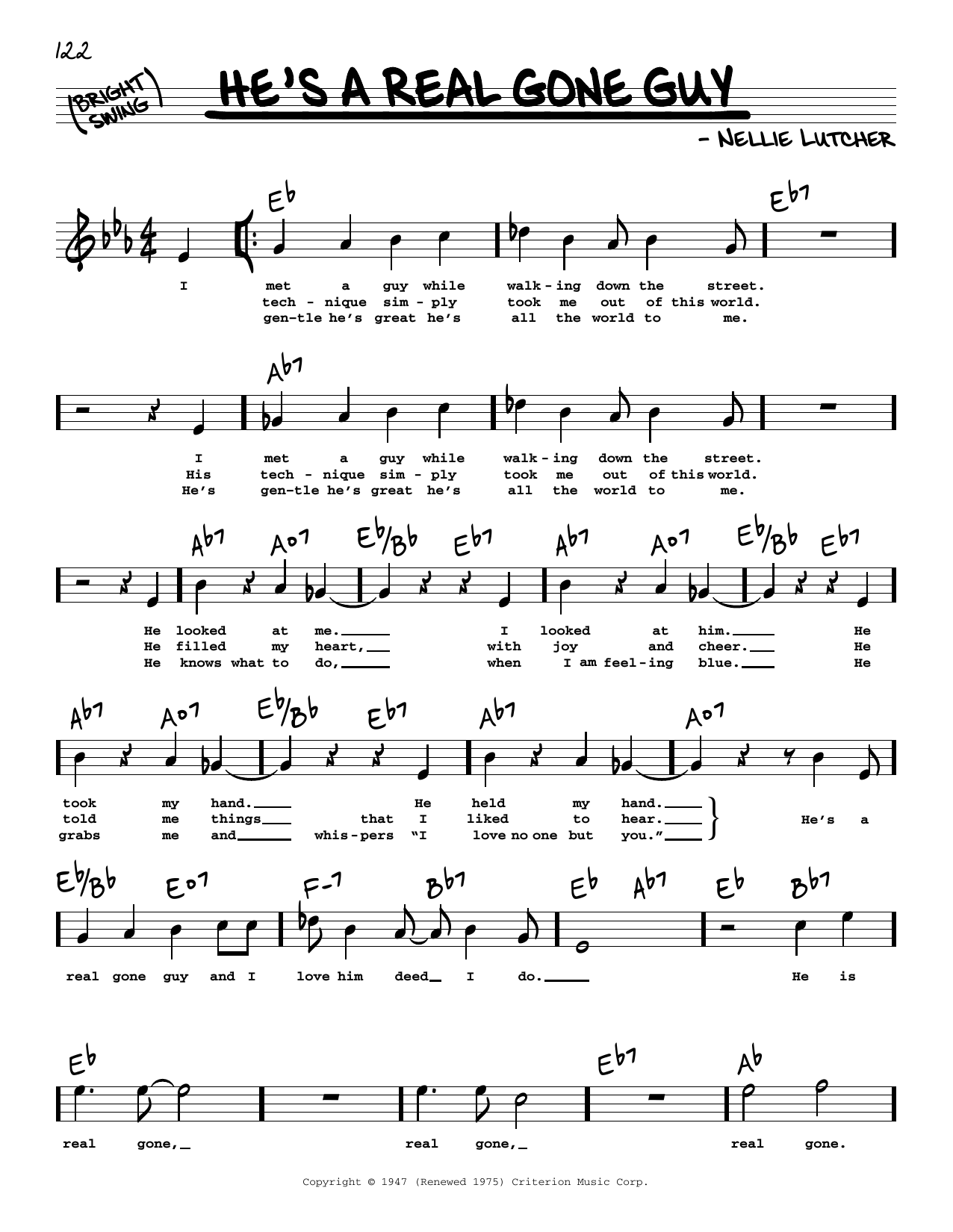 Learn to play Nellie Lutcher He's A Real Gone Guy (High Voice) sheet music for Real Book – Melody, Lyrics & Chords in minutes. Nellie Lutcher He's A Real Gone Guy (High Voice) sheet music preview music notes and score for Real Book – Melody, Lyrics & Chords including 2 page(s)