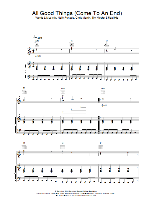 Nelly Furtado All Good Things (Come To An End) sheet music preview music notes and score for Piano, Vocal & Guitar including 6 page(s)