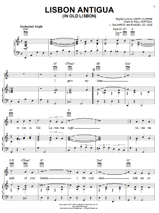 Nelson Riddle & His Orchestra Lisbon Antigua (In Old Lisbon) sheet music, chords, lyrics - Printable PDF for Piano, Vocal & Guitar (Right-Hand Melody)