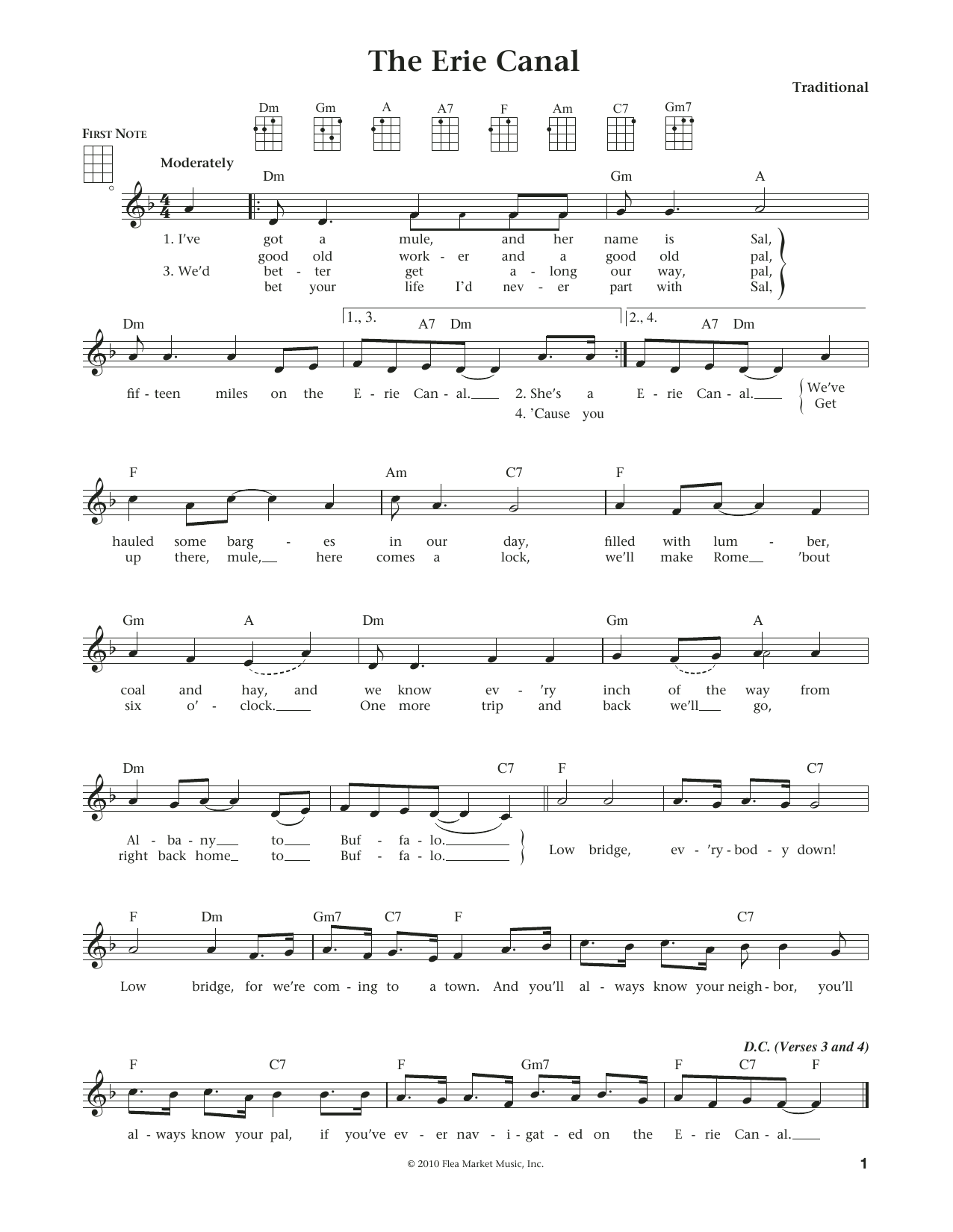 Traditional The Erie Canal sheet music, chords, lyrics - Printable PDF for Ukulele