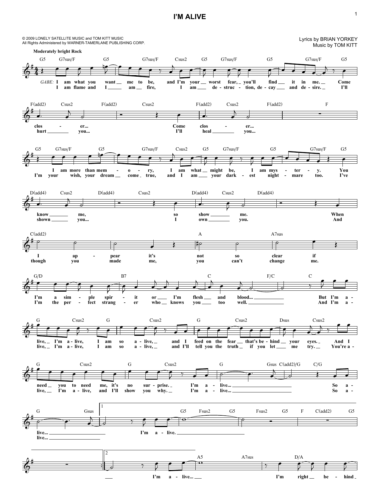 Next to Normal Cast I'm Alive (from Next to Normal) sheet music, chords, lyrics - Printable PDF for Piano & Vocal
