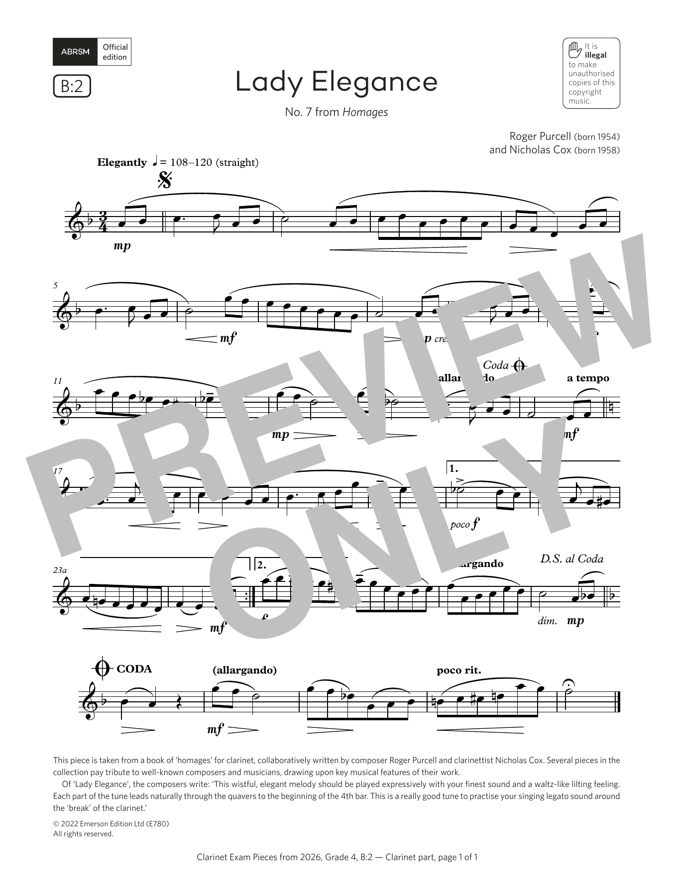 Nicholas Cox Lady Elegance (Grade 4, list B2, from the ABRSM Clarinet Syllabus from 2026) sheet music, chords, lyrics - Printable PDF for Clarinet Solo