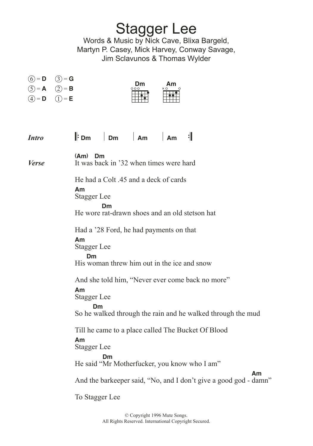 Nick Cave Stagger Lee sheet music, chords, lyrics - Printable PDF for Lyrics & Chords