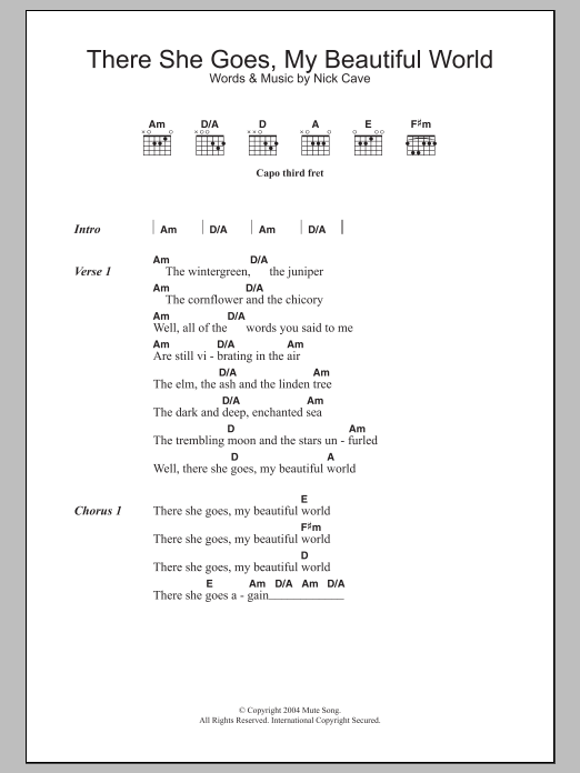 Nick Cave There She Goes, My Beautiful World sheet music, chords, lyrics - Printable PDF for Lyrics & Chords