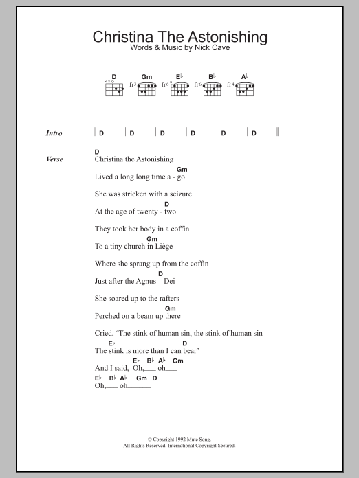Nick Cave Christina The Astonishing sheet music preview music notes and score for Lyrics & Chords including 2 page(s)