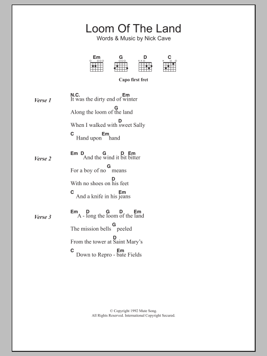 Nick Cave Loom Of The Land sheet music preview music notes and score for Lyrics & Chords including 4 page(s)