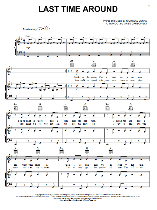 Learn to play Nick Jonas & The Administration Last Time Around sheet music for Piano, Vocal & Guitar (Right-Hand Melody) in minutes. Nick Jonas & The Administration Last Time Around sheet music preview music notes and score for Piano, Vocal & Guitar (Right-Hand Melody) including 5 page(s)