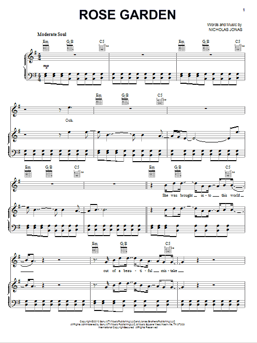 Learn to play Nick Jonas & The Administration Rose Garden sheet music for Piano, Vocal & Guitar (Right-Hand Melody) in minutes. Nick Jonas & The Administration Rose Garden sheet music preview music notes and score for Piano, Vocal & Guitar (Right-Hand Melody) including 5 page(s)