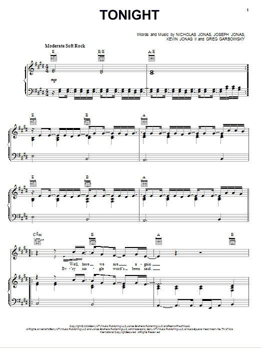 Learn to play Nick Jonas & The Administration Tonight sheet music for Piano, Vocal & Guitar (Right-Hand Melody) in minutes. Nick Jonas & The Administration Tonight sheet music preview music notes and score for Piano, Vocal & Guitar (Right-Hand Melody) including 7 page(s)