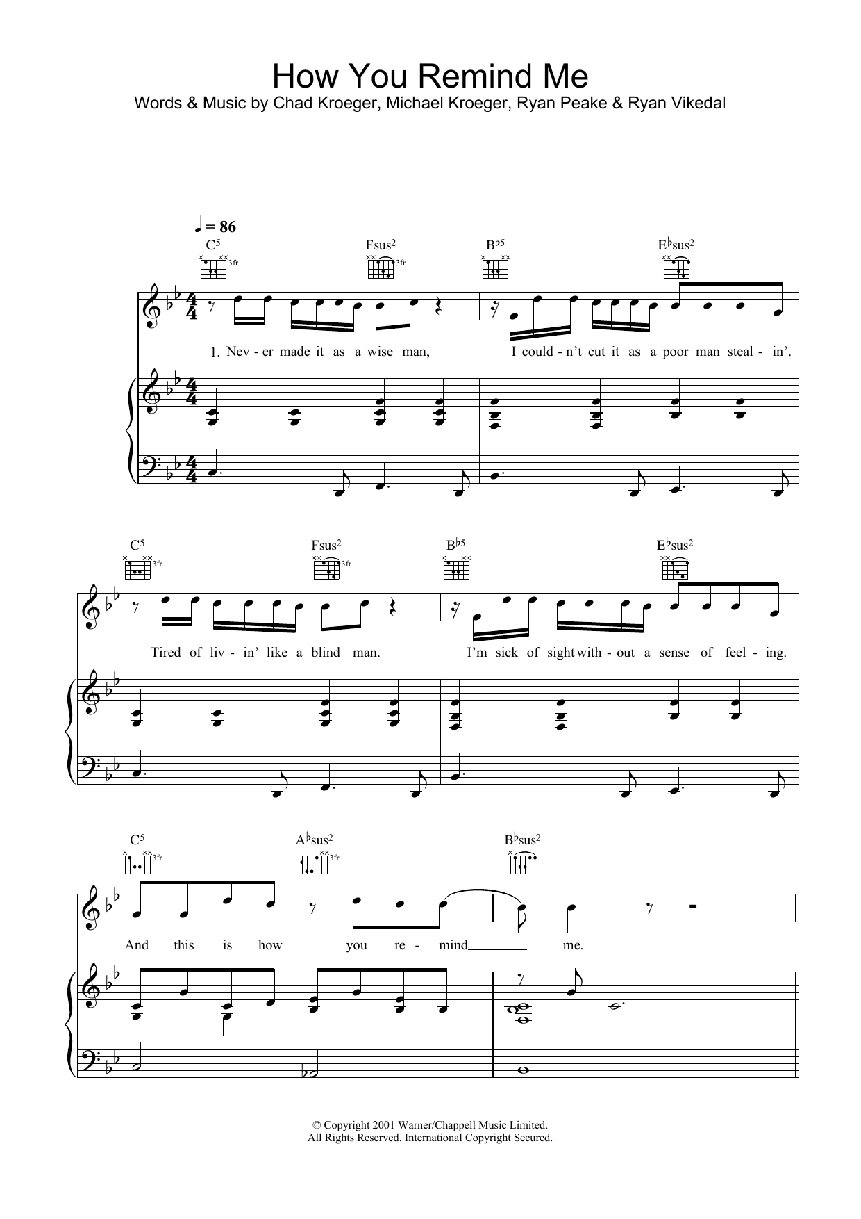 Learn to play Nickelback How You Remind Me sheet music for Piano, Vocal & Guitar (Right-Hand Melody) in minutes. Nickelback How You Remind Me sheet music preview music notes and score for Piano, Vocal & Guitar (Right-Hand Melody) including 8 page(s)