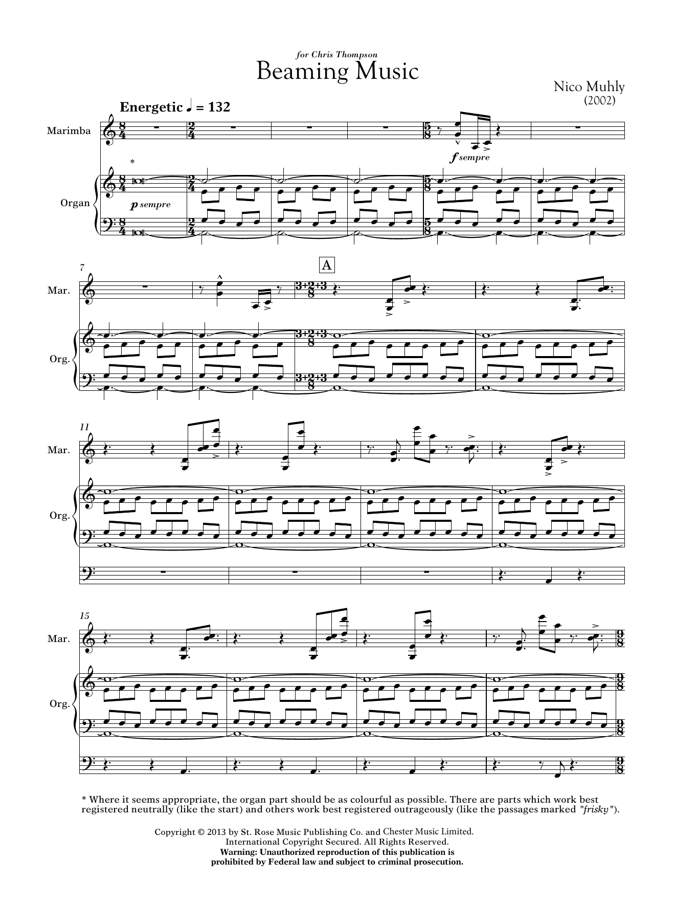 Nico Muhly Beaming Music (for Marimba & Organ) sheet music, chords, lyrics - Printable PDF for Marimba