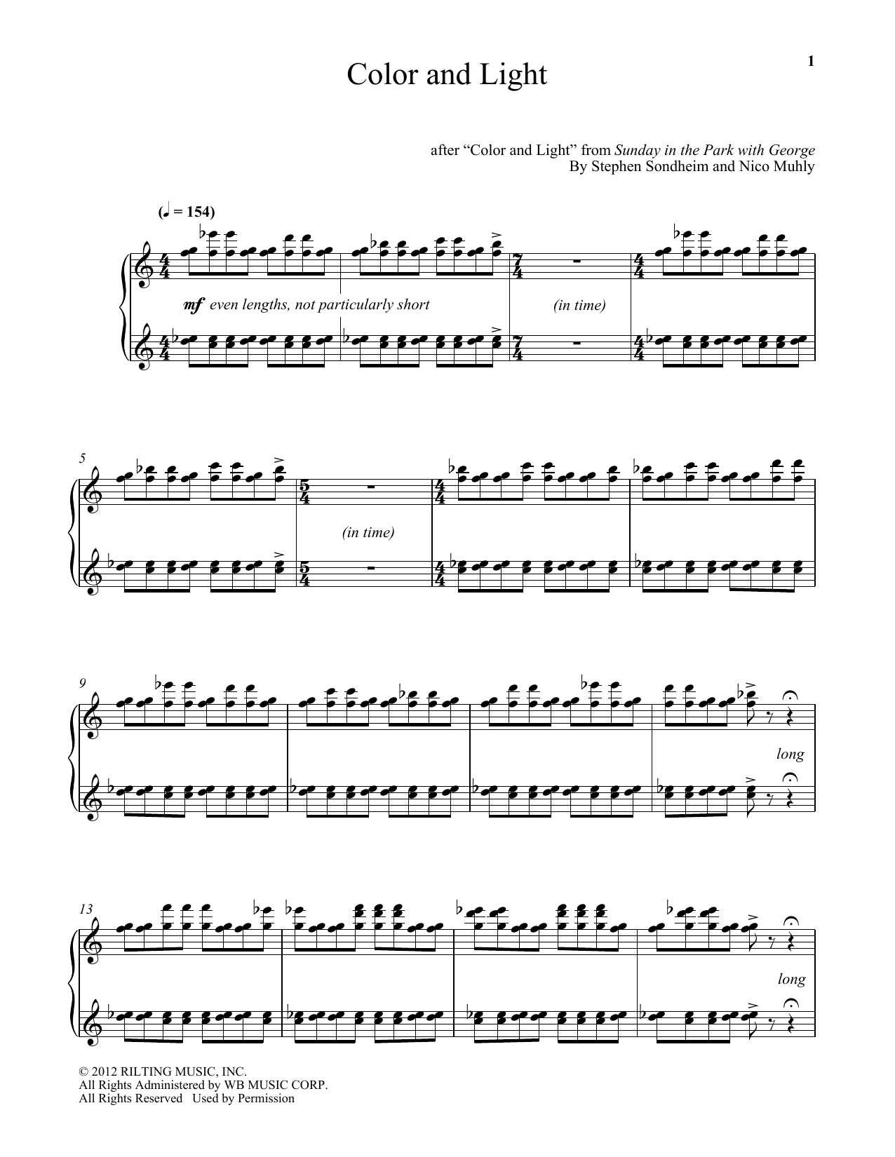 Nico Muhly Color And Light sheet music, chords, lyrics - Printable PDF for Piano