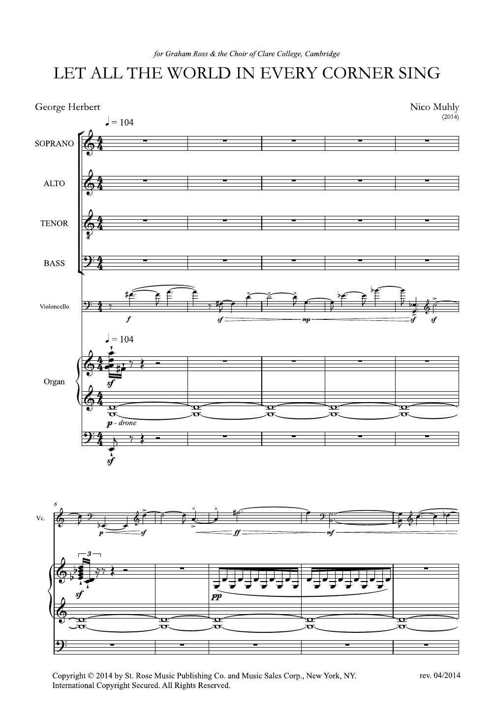 Nico Muhly Let All The World In Every Corner Sing sheet music, chords, lyrics - Printable PDF for Cello