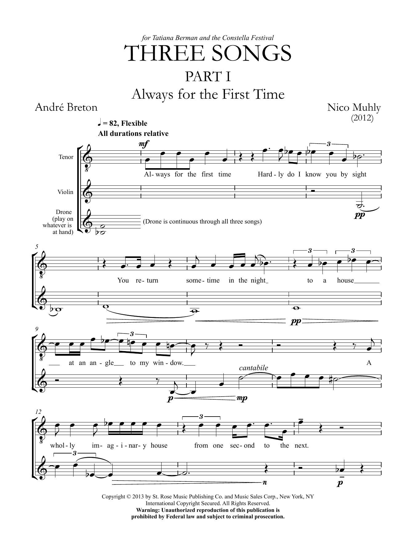 Nico Muhly Three Songs for Tenor, Violin and Drone sheet music, chords, lyrics - Printable PDF for Tenor