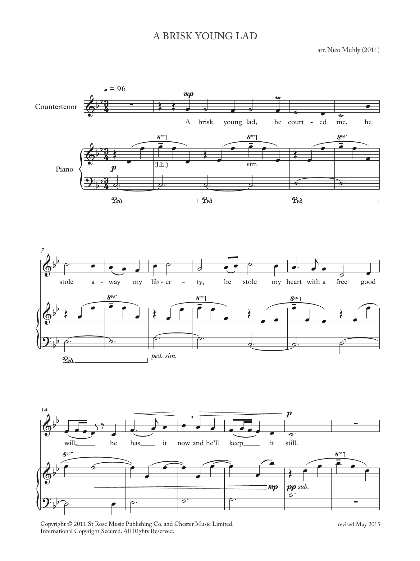 Learn to play Nico Muhly A Brisk Young Lad (from 'Four Traditional Songs') sheet music for Countertenor in minutes. Nico Muhly A Brisk Young Lad (from 'Four Traditional Songs') sheet music preview music notes and score for Countertenor including 3 page(s)