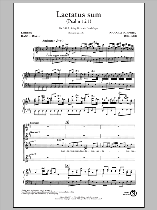 Nicola Porpora Laetatus Sum (Psalm 121) sheet music, chords, lyrics - Printable PDF for SSA
