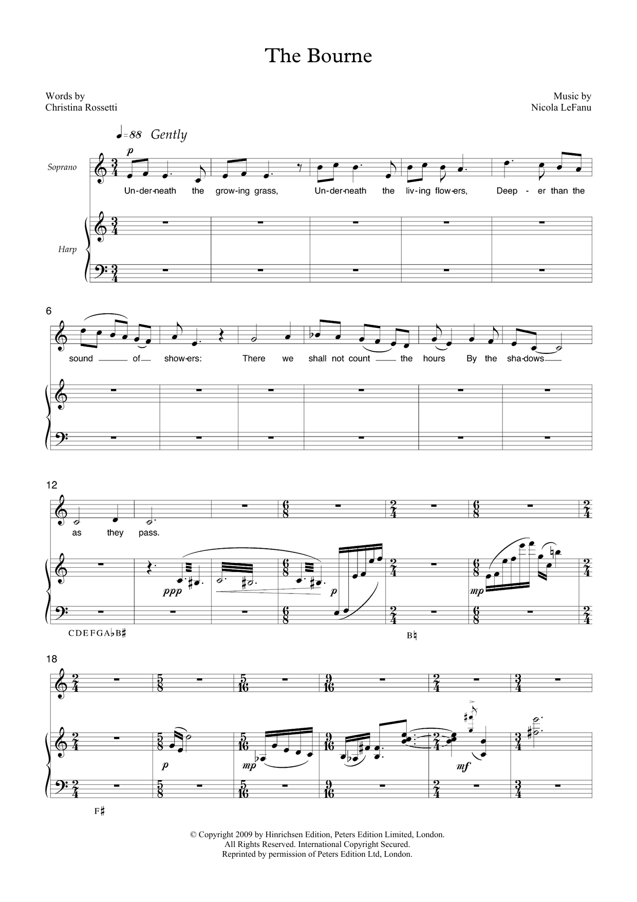 Nicola LeFanu The Bourne (for soprano & harp) sheet music preview music notes and score for Piano & Vocal including 3 page(s)