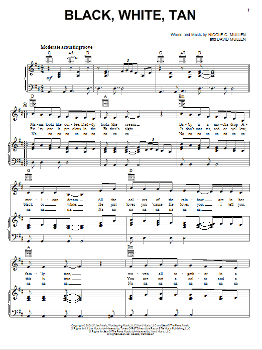 Nicole C. Mullen Black, White, Tan sheet music, chords, lyrics - Printable PDF for Piano, Vocal & Guitar (Right-Hand Melody)
