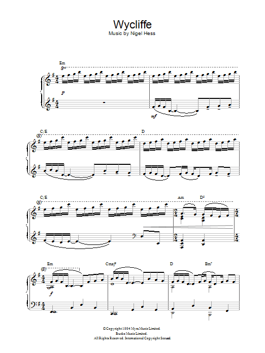 Nigel Hess Theme from Wycliffe sheet music preview music notes and score for Piano including 5 page(s)