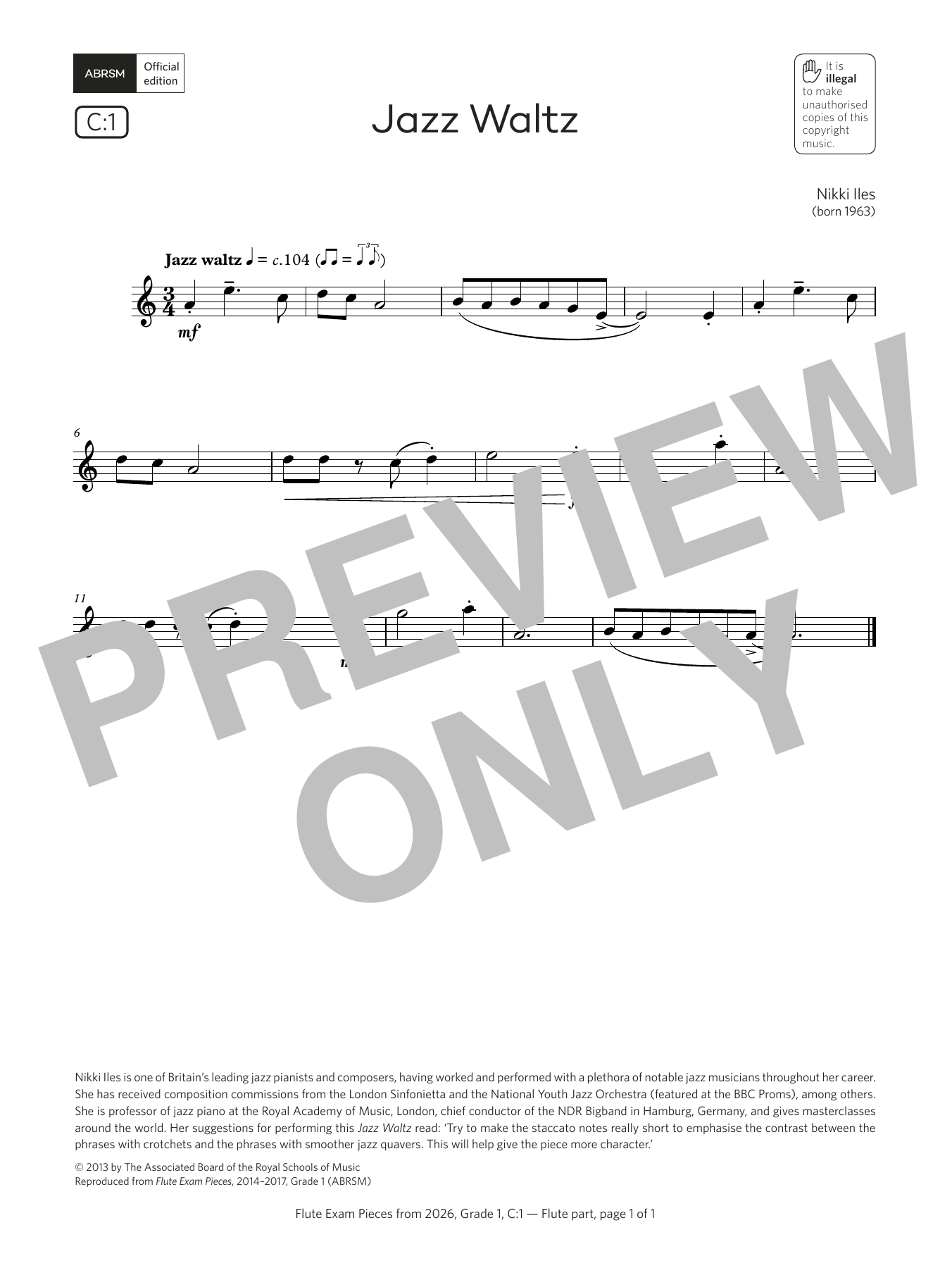 Nikki Iles Jazz Waltz (Grade 1, list C1, from the ABRSM Flute Syllabus from 2026) sheet music, chords, lyrics - Printable PDF for Flute Solo