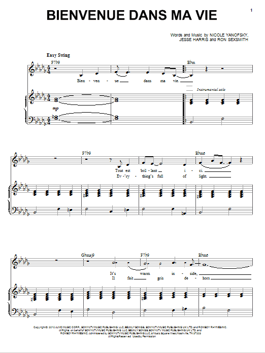 Learn to play Nikki Yanofsky Bienvenue Dans Ma Vie sheet music for Piano & Vocal in minutes. Nikki Yanofsky Bienvenue Dans Ma Vie sheet music preview music notes and score for Piano & Vocal including 4 page(s)