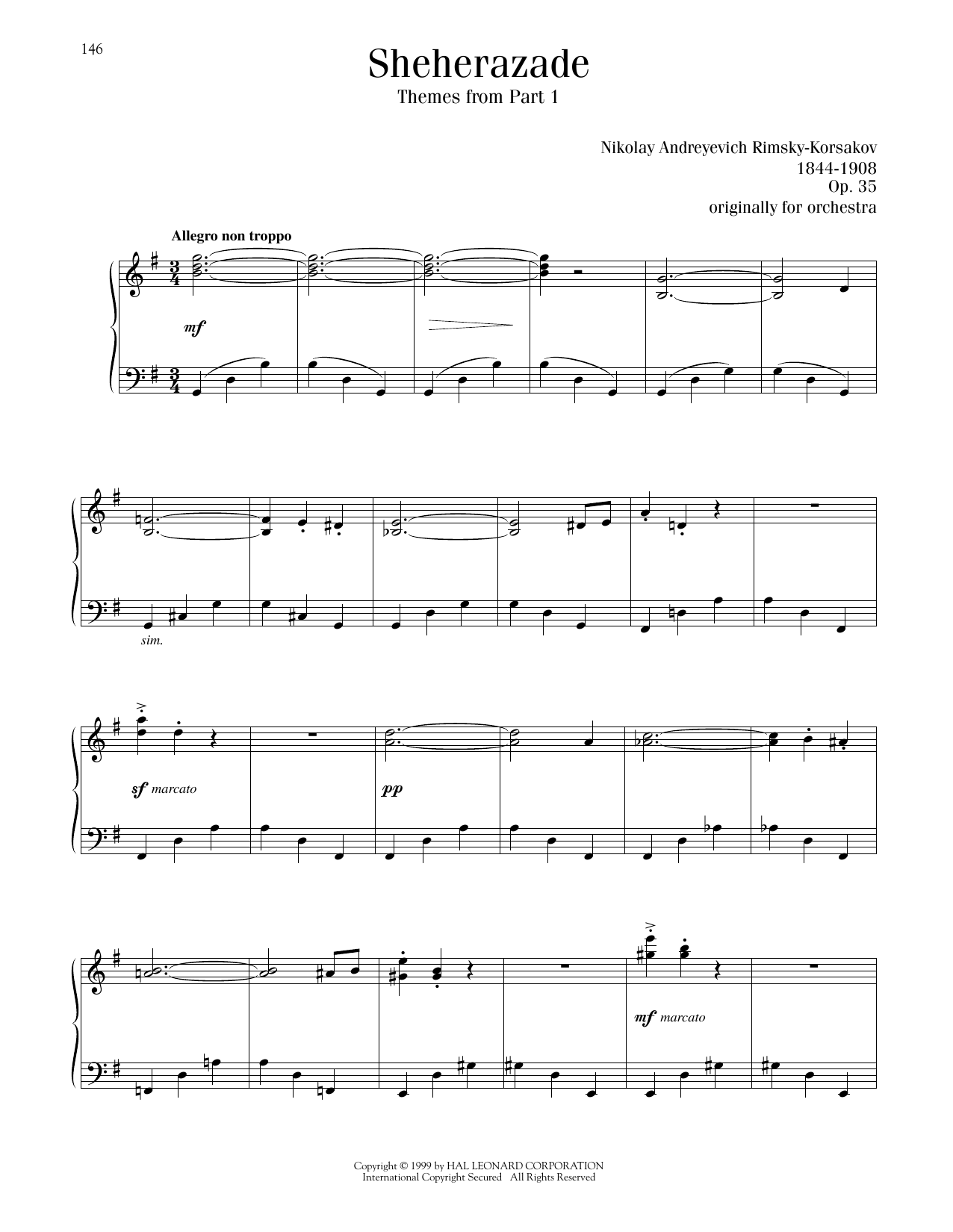 Nikolay A. Rimsky-Korsakov Sheherazade, Themes from Part 1 sheet music, chords, lyrics - Printable PDF for Piano Solo