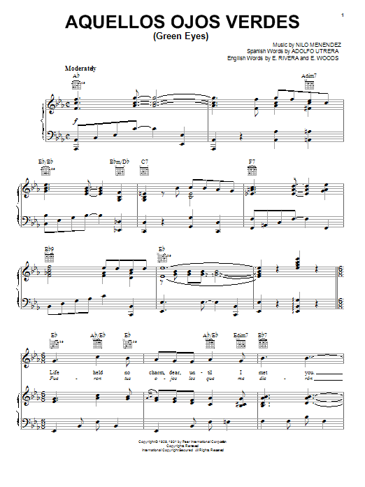 Learn to play Nilo Menendez Aquellos Ojos Verdes (Green Eyes) sheet music for Piano, Vocal & Guitar (Right-Hand Melody) in minutes. Nilo Menendez Aquellos Ojos Verdes (Green Eyes) sheet music preview music notes and score for Piano, Vocal & Guitar (Right-Hand Melody) including 4 page(s)