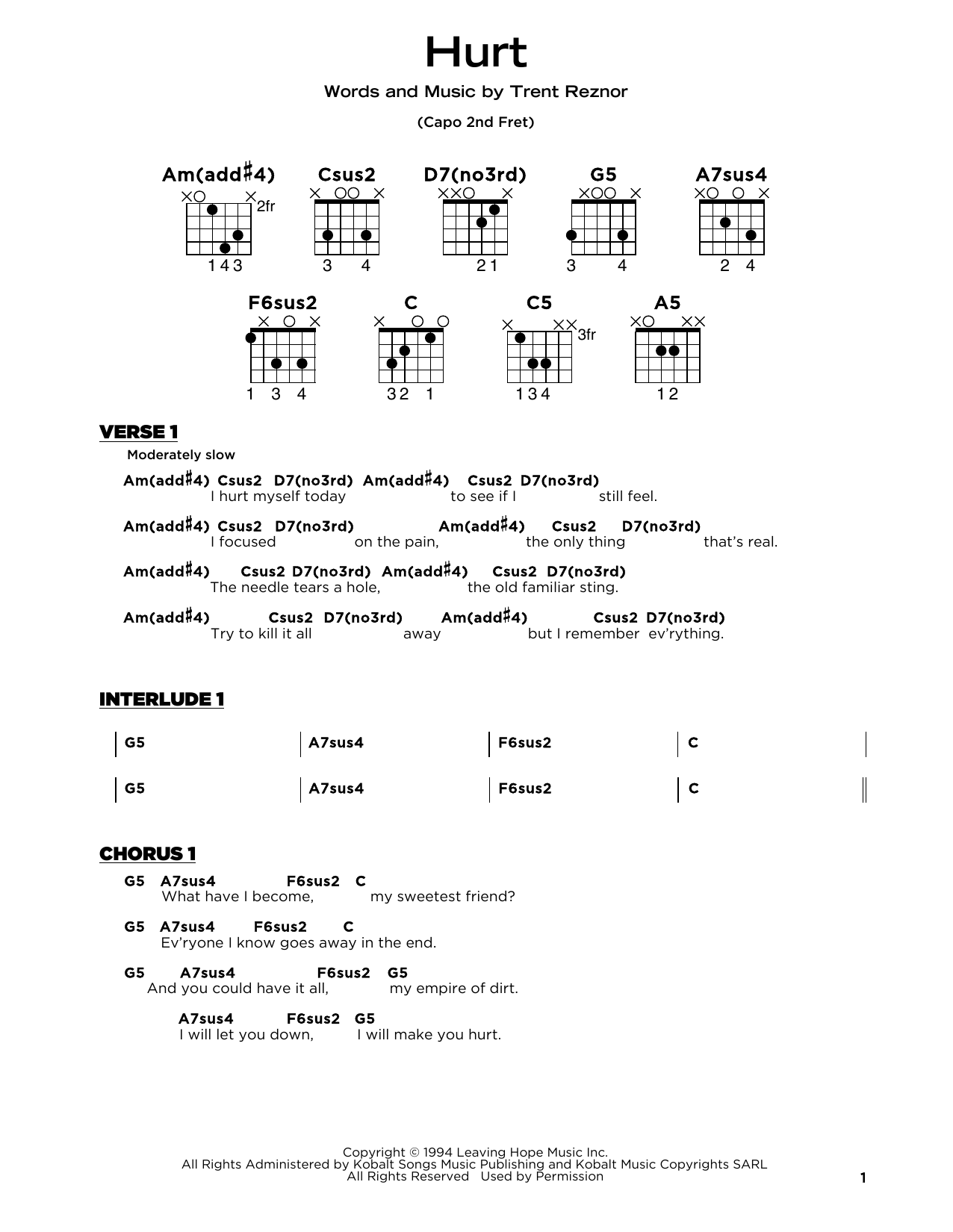 Nine Inch Nails Hurt sheet music preview music notes and score for Lyrics & Chords including 2 page(s)