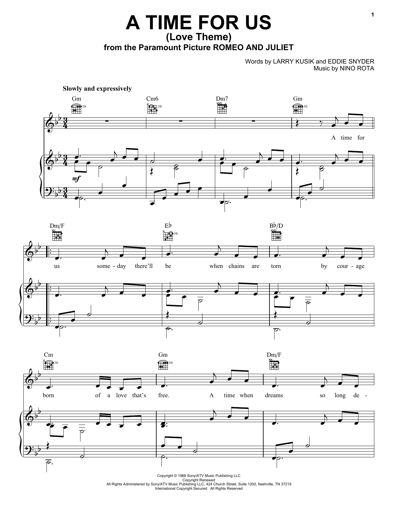 Download Nino Rota A Time For Us (Love Theme) sheet music notes and chords for Piano, Vocal & Guitar (Right-Hand Melody) - Download Printable PDF and start playing in minutes.