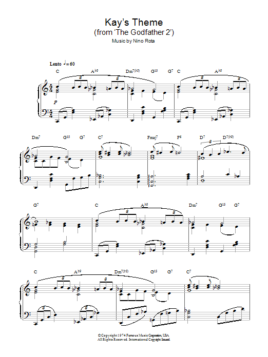 Nino Rota Kay's Theme (from 'The Godfather 2') sheet music preview music notes and score for Piano including 2 page(s)