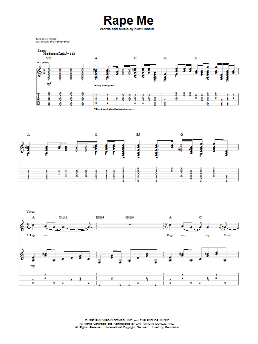 Learn to play Nirvana Rape Me sheet music for Bass Guitar Tab in minutes. Nirvana Rape Me sheet music preview music notes and score for Bass Guitar Tab including 5 page(s)
