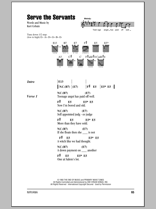 Learn to play Nirvana Serve The Servants sheet music for Piano, Vocal & Guitar (Right-Hand Melody) in minutes. Nirvana Serve The Servants sheet music preview music notes and score for Piano, Vocal & Guitar (Right-Hand Melody) including 4 page(s)