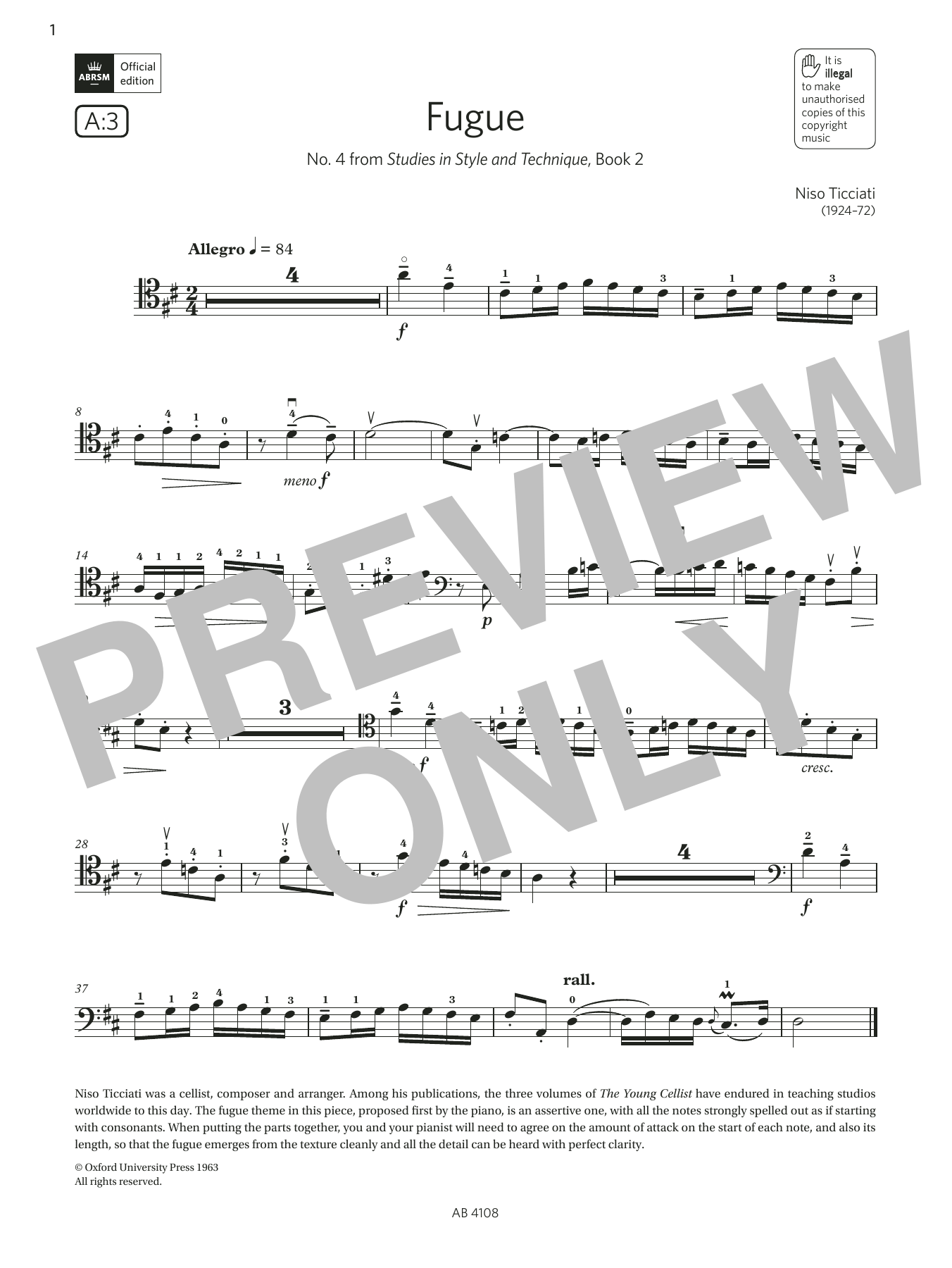 Niso Ticciati Fugue (Grade 5, A3, from the ABRSM Cello Syllabus from 2024) sheet music, chords, lyrics - Printable PDF for Cello Solo