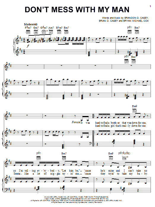 Nivea Don't Mess With My Man (feat. Brian & Brandon Casey) sheet music preview music notes and score for Piano, Vocal & Guitar (Right-Hand Melody) including 6 page(s)