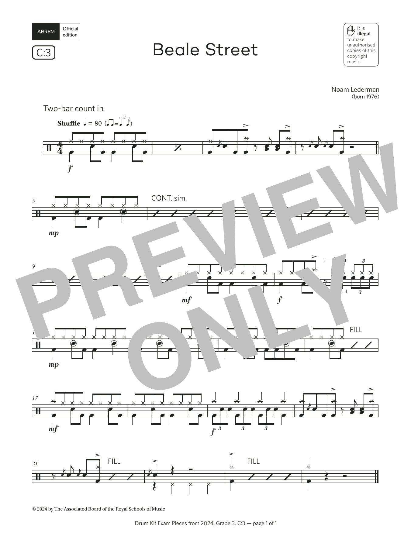Noam Lederman Beale Street (Grade 3, list C3, from the ABRSM Drum Kit Syllabus 2024) sheet music, chords, lyrics - Printable PDF for Drums