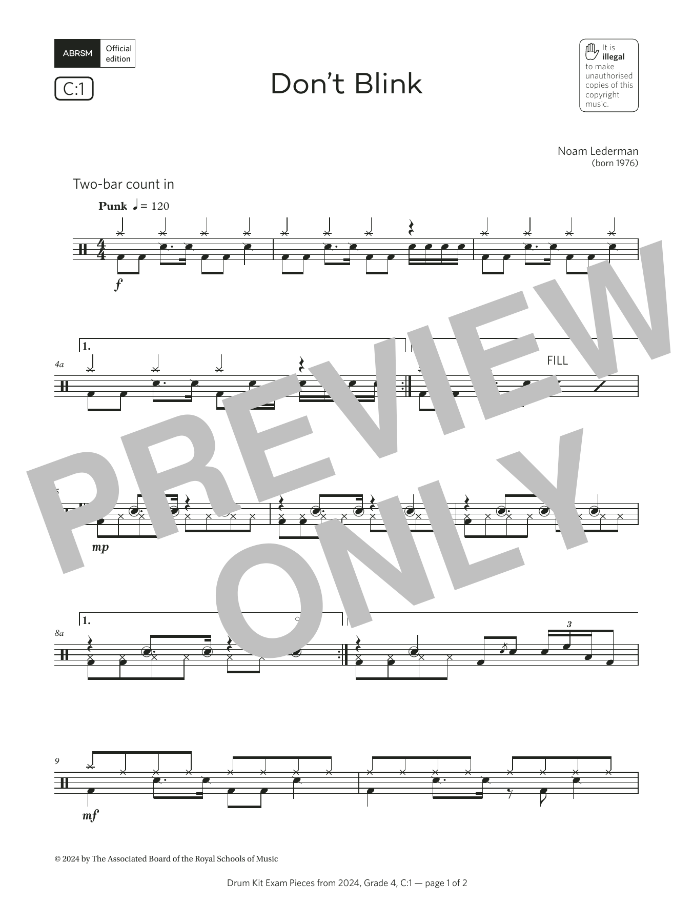 Noam Lederman Don't Blink (Grade 4, list C1, from the ABRSM Drum Kit Syllabus 2024) sheet music, chords, lyrics - Printable PDF for Drums