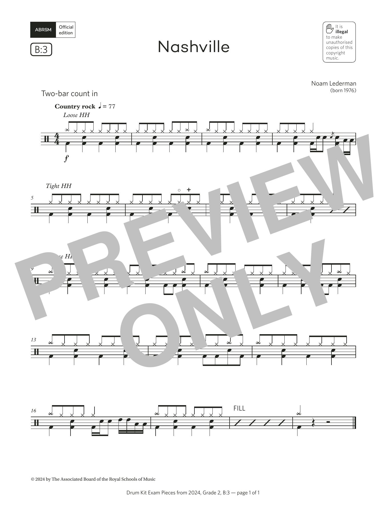 Noam Lederman Nashville (Grade 2, list B3, from the ABRSM Drum Kit Syllabus 2024) sheet music, chords, lyrics - Printable PDF for Drums