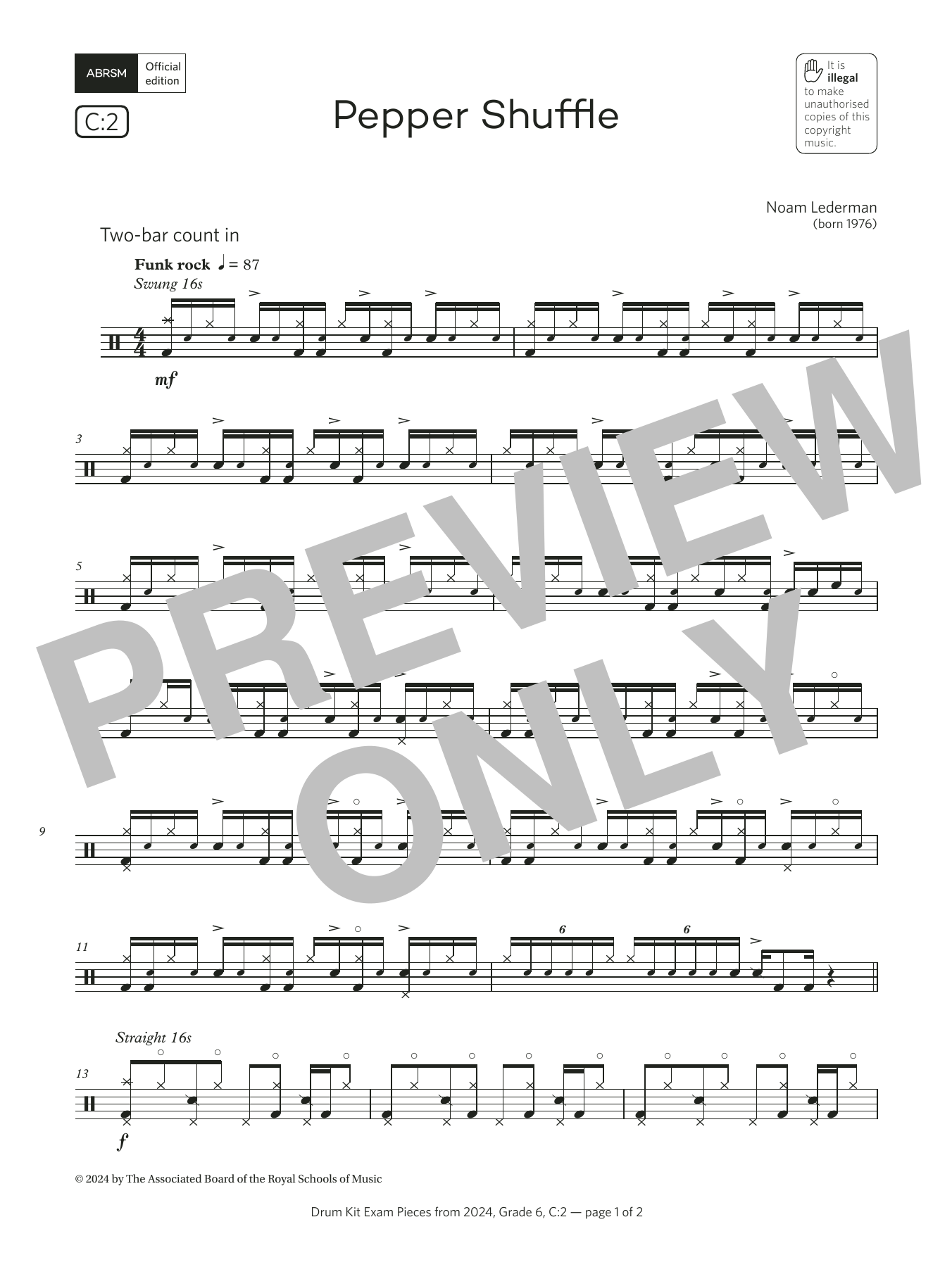 Noam Lederman Pepper Shuffle (Grade 6, list C2, from the ABRSM Drum Kit Syllabus 2024) sheet music, chords, lyrics - Printable PDF for Drums