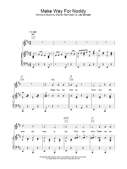 Learn to play Noddy Make Way For Noddy sheet music for Piano, Vocal & Guitar (Right-Hand Melody) in minutes. Noddy Make Way For Noddy sheet music preview music notes and score for Piano, Vocal & Guitar (Right-Hand Melody) including 7 page(s)