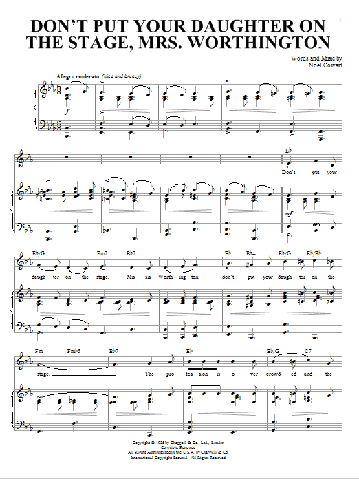 Noel Coward Don't Put Your Daughter On The Stage, Mrs. Worthington sheet music, chords, lyrics - Printable PDF for Piano, Vocal & Guitar (Right-Hand Melody)