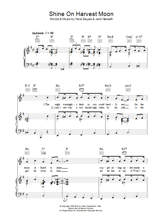 Nora Bayes Shine On Harvest Moon sheet music, chords, lyrics - Printable PDF for Piano, Vocal & Guitar (Right-Hand Melody)
